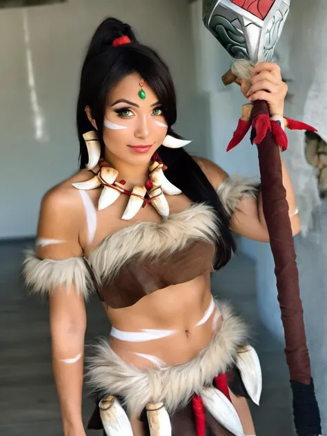 potrait of nidalee a woman in a cosplay posing for a picture, abs, upper body, amazing fine detail, Nikon D850 film stock photograph Kodak Portra 400 camera f1.6 lens, rich colors, lifelike texture, dramatic lighting, realistic