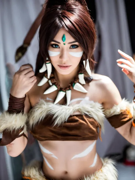 potrait of nidalee a woman in a cosplay posing for a picture necklase, abs, upper body, amazing fine detail, Nikon D850 film stock photograph, rich colors, lifelike texture, dramatic lighting, realistic, sharp