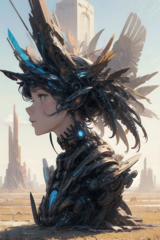 (Ellen Jewett)
Neon Cyborg
flat illustration, abstract
contemporary, feminism, installation, mixed-media, organic Metal particles and pieces in the air
Envision an ancient robotic humanshaped Computer standing in a vast, sun-kissed prairie. The boundless expanse stretches to the horizon, and the robotic human graceful figure harmonizes with the natural beauty of the open wasteland.