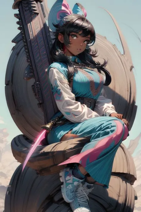 Awesome bright desertpunk punk artwork masterpiece, best quality, high quality, dark skinned woman, freckles, black neon Hair, freckles, light blue Long ruffled dress, White Sneaker, detailed background, Holding huge swords, final Fantasy sword, vivid, key visual, vibrant, highly detailed