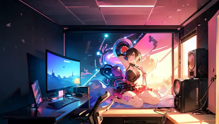 <lora:Neon_Isometric:.7> (masterpiece),((Isometric)),  ((Animated Neon isometric bedroom)), (kawaii bedroom vaporwave scene), bright lights coming from the blinds on the windows with gaming computer on a desk, (perfect composition), (golden ratio), (centered) ,(extreme light and shadow) ,(best illustration),  side-lighting ,(bloom), (shine), lighting, ray tracing, (extremely detailed CG unity 8k wallpaper), depth_of_field, very detailed background, highly detailed background, Masterpiece, Ultra detailed, great composition,Dynamic angle,[Bottle bottom],(wide shot), extremely delicate and beautiful,(Highest picture quality), (Master's work)<lora:sunAndShadow_v10:.3> <lora:starryStyle_v20:.3>