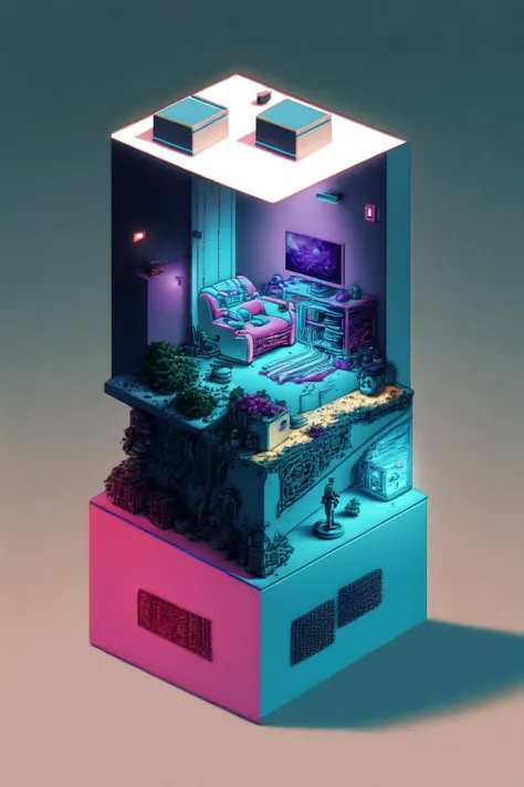 <lora:Neon_Isometric:1> (masterpiece) Isometric Neon Vaporwave Scene