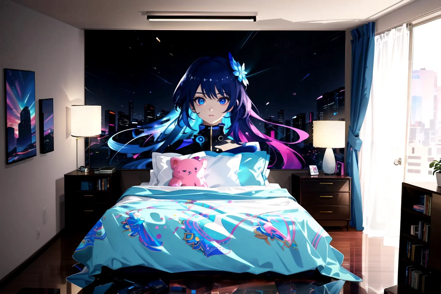 <lora:Neon_Isometric:1> (masterpiece) (Isometric) Neon Vaporwave Scene with a Large queen size bed with stuffed toys and an animated gaming computer on the desk on the left hand side in the Bedroom with kawaii large anime posters on the walls and bright lights coming from the blinds on the windows (dynamic angle) (extreme light and shadow) (best illustration) (anime) (kawaii) <lora:lightAndShadow_v10:.3> <lora:planetSimulatorLora_v10:.2> anime-background-style-v2 flame_surge_style