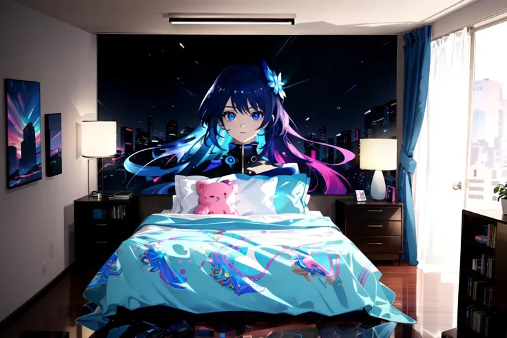 <lora:Neon_Isometric:1> (masterpiece) (Isometric) Neon Vaporwave Scene with a  Large queen size bed with stuffed toys and an animated gaming computer on the desk on the left hand side  in the Bedroom with kawaii large anime posters on the walls and bright lights coming from the blinds on the windows (dynamic angle) (extreme light and shadow) (best illustration) (anime) (kawaii) <lora:lightAndShadow_v10:.3> <lora:planetSimulatorLora_v10:.2>   anime-background-style-v2  flame_surge_style