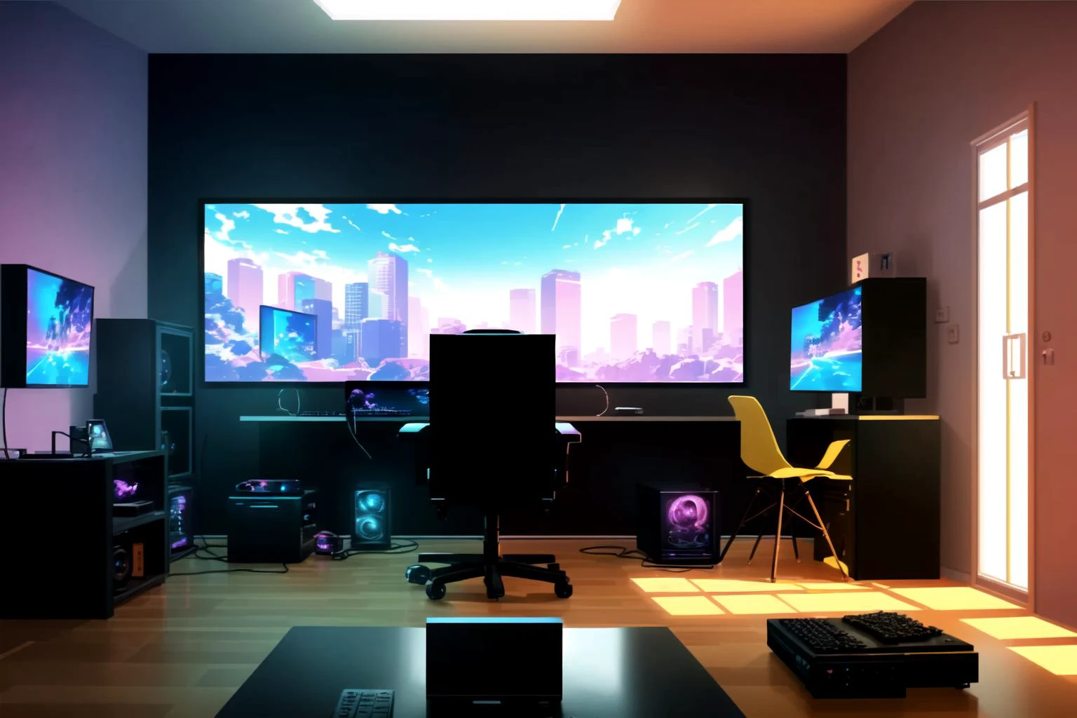 <lora:Neon_Isometric:1> (masterpiece) (Isometric) Neon Vaporwave Scene with an animated gaming computer on the desk in the Bedroom with posters on the walls and bright lights coming from the blinds on the windows (dynamic angle) (extreme light and shadow) (best illustration) (anime) (kawaii) <lora:lightAndShadow_v10:.3> <lora:planetSimulatorLora_v10:.2>