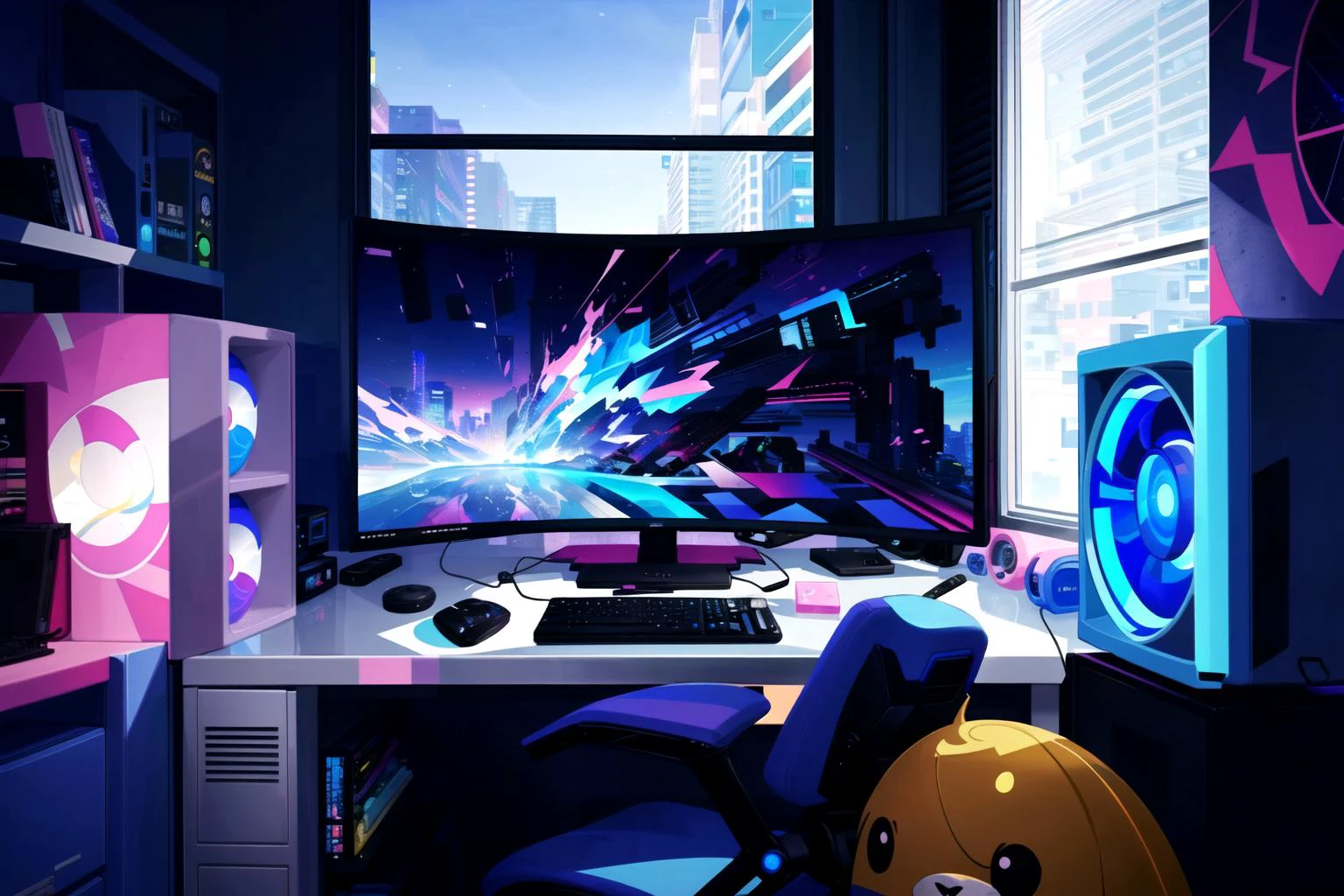 <lora:Neon_Isometric:1> (masterpiece),((Isometric)), Neon Vaporwave Scene with a Large queen size bed with stuffed toys and an animated gaming computer on the desk on the left hand side in the Bedroom with kawaii large anime posters on the walls and bright lights coming from the blinds on the windows (dynamic angle) (extreme light and shadow) (best illustration) (anime) (kawaii) <lora:lightAndShadow_v10:.3> <lora:planetSimulatorLora_v10:.2> anime-background-style-v2 flame_surge_style