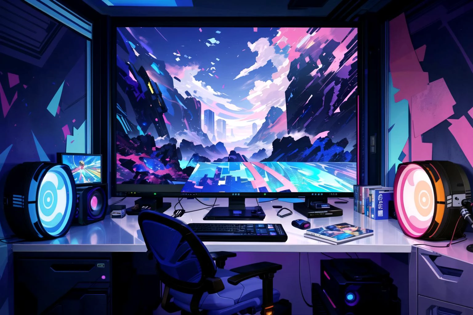 <lora:Neon_Isometric:1> (masterpiece),((Isometric)), Neon Vaporwave Scene Bedroom with kawaii large anime posters on the walls and bright lights coming from the blinds on the windows,Large queen size bed with stuffed toys,animated gaming computer on the desk, (dynamic angle) ,(extreme light and shadow) ,(best illustration), (anime), (kawaii) <lora:lightAndShadow_v10:.3> <lora:planetSimulatorLora_v10:.2> anime-background-style-v2 flame_surge_style