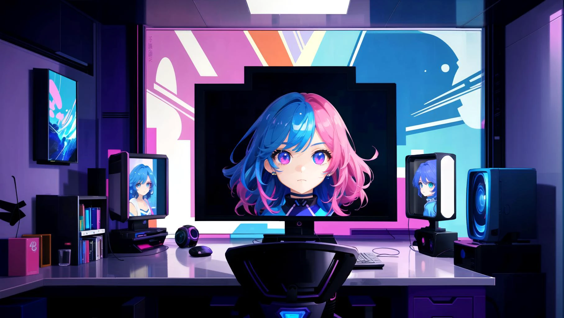 <lora:Neon_Isometric:1> (masterpiece),((Isometric)), Neon Vaporwave Scene Bedroom , kawaii large anime posters on the walls, bright lights coming from the blinds on the windows,Large queen size bed with stuffed toys,animated gaming computer on the desk, (dynamic angle) ,(extreme light and shadow) ,(best illustration), (anime), (kawaii) <lora:lightAndShadow_v10:.3> <lora:planetSimulatorLora_v10:.2> anime-background-style-v2 flame_surge_style
