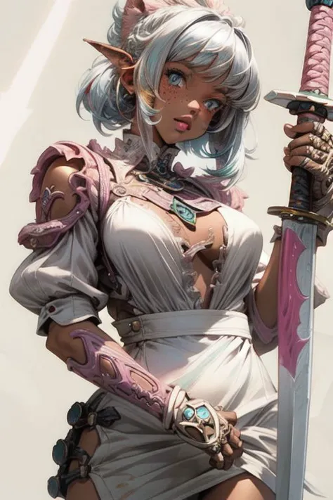 Awesome bright desertpunk punk artwork masterpiece, best quality, high quality, dark skinned woman, freckles, White neon Hair, freckles, light Classic Long ruffled dress, White Sneaker, detailed background, Holding huge swords, final Fantasy sword, vivid, key visual, vibrant, highly detailed