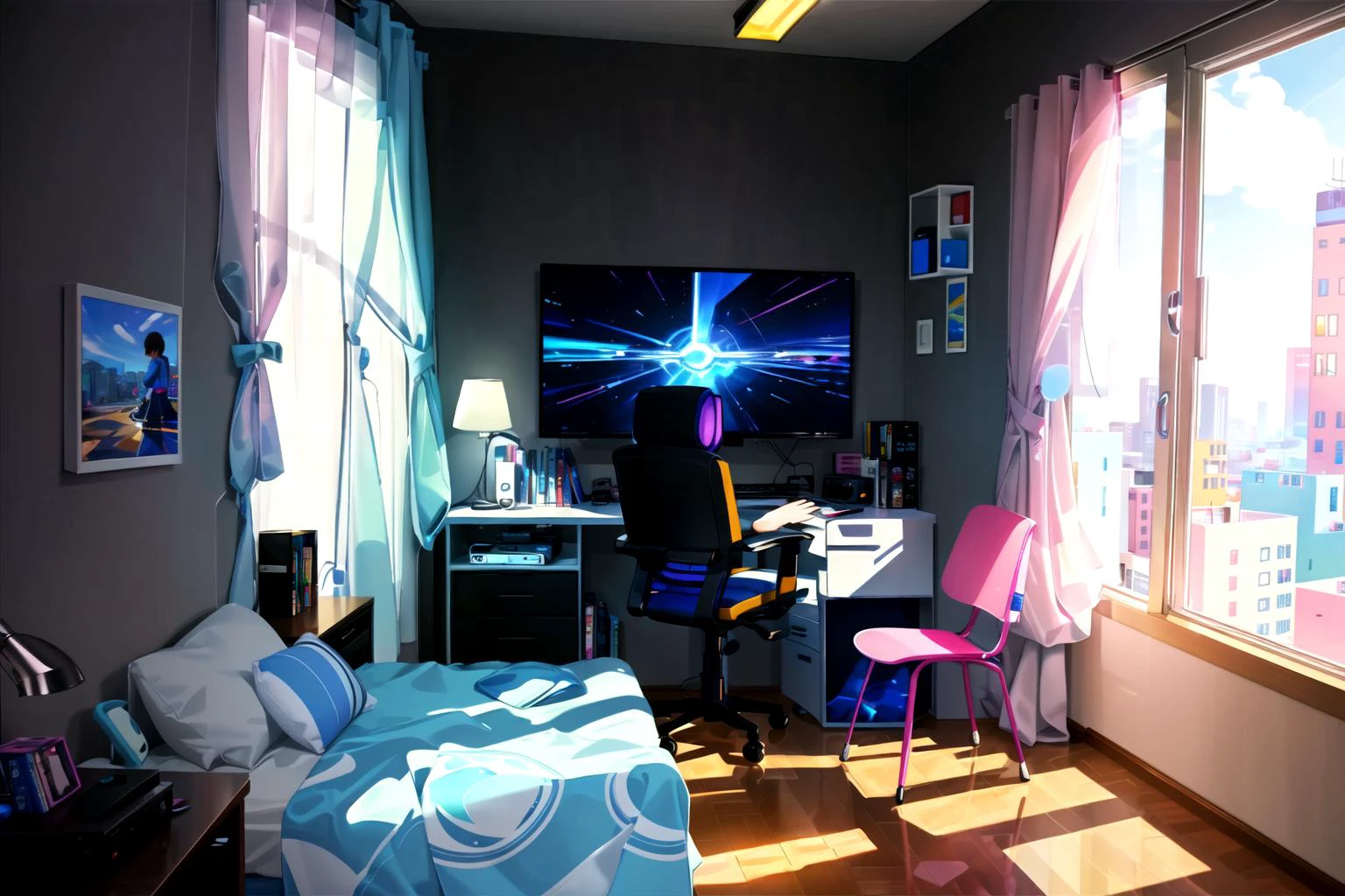 <lora:Neon_Isometric:1> (masterpiece) (Isometric) Neon Vaporwave Scene with an animated gaming computer on the desk in the Bedroom with posters on the walls and bright lights coming from the blinds on the windows (dynamic angle) (extreme light and shadow) (best illustration) (anime) (kawaii) bed with stuffed toys to the right of the desk <lora:lightAndShadow_v10:.3> <lora:planetSimulatorLora_v10:.2> anime-background-style-v2 flame_surge_style