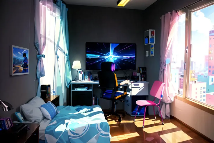 <lora:Neon_Isometric:1> (masterpiece) (Isometric) Neon Vaporwave Scene with an animated gaming computer on the desk  in the Bedroom with posters on the walls and bright lights coming from the blinds on the windows (dynamic angle) (extreme light and shadow) (best illustration) (anime) (kawaii) bed with stuffed toys to the right of the desk <lora:lightAndShadow_v10:.3> <lora:planetSimulatorLora_v10:.2>   anime-background-style-v2  flame_surge_style