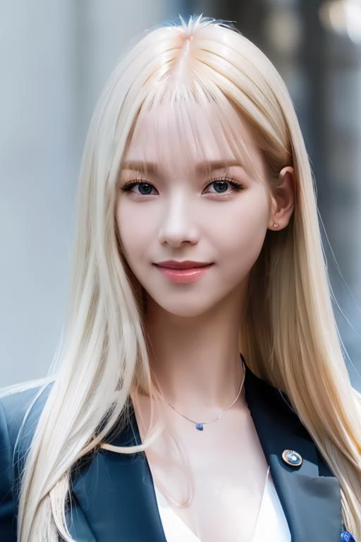 (bright blond long hair,bangs:1.2),<lora:aespaKarinaV2.5:1>,Karina, woman,complex 3d render ultra detailed, (smile:1.5), portrait of beautiful woman, moody portrait, striking features, beauty, intricate details, dramatic composition, tension, contrast, texture, realism, high-quality rendering, stunning art, high quality, film grain, Fujifilm XT3,swirly bokeh,(realistic, photo-realistic:1.2),RAW photo,physically-based rendering,(looking at viewer:1.4),(8k, best quality, masterpiece:1.2),(full body shot:1.1),octane render,extremely detailed CG, unity 8k wallpaper,in street,urban,city,(studio soft light,sunlight:1.2),(standing:1.1),(a girl is wearing suit and blazer:1.5),hyper realistic detail shiny skin,ultra detailed,(ultra realistic:1.2),(intricate:1.2),(photorealistic:1.2),1girl,(skinny:1.3),detailed background ,(large breasts:1.1)
