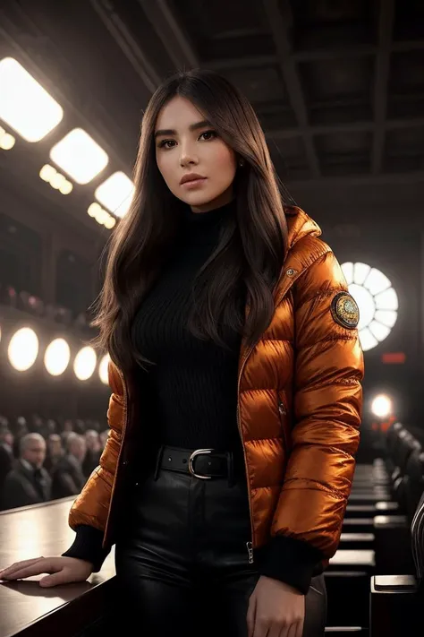 beautiful woman (EPS3r3n4D3M0ur0ux:.99): a woman at a (party:1.1), perfect space buns, wearing sexy orange (Quilted Jacket), (crowd of people in background:1.1), (at a pompous theatre), (face focus), modelshoot style, (extremely detailed CG unity 8k wallpaper), professional majestic (photography by Fernando Botero:1.1), 24mm, exposure blend, hdr, extremely intricate, High (Detail:1.1), dramatic, soft cinematic light, (looking at viewer), (detailed pupils), 4k textures, soft cinematic light, elegant, ((((cinematic look)))), soothing tones, insane details, hyperdetailed, ("In Jernau we trust!":1.1)