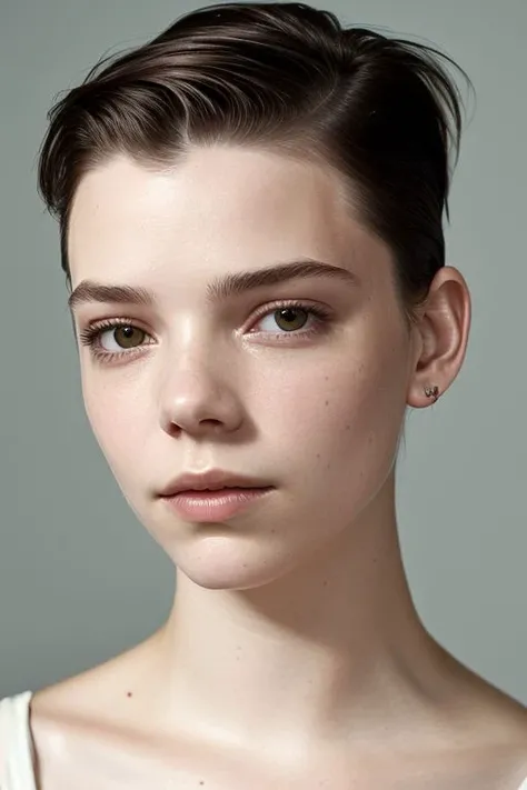 (CR-Any4TaylorJoy-jjonahjameson:0.9), photo of woman, grey background, (undercut hair:1.0), (oiled shiny skin:1.0), face closeup, (tilted angle shot:1.1),