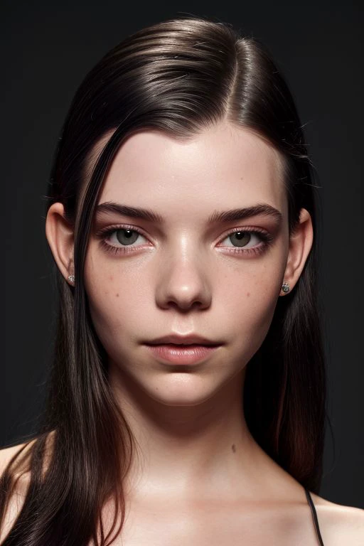 (CR-Any4TaylorJoy-jjonahjameson:0.9), full color photo of woman, grey background, (slick hair:1.1), (oiled shiny skin:1.0), face closeup,