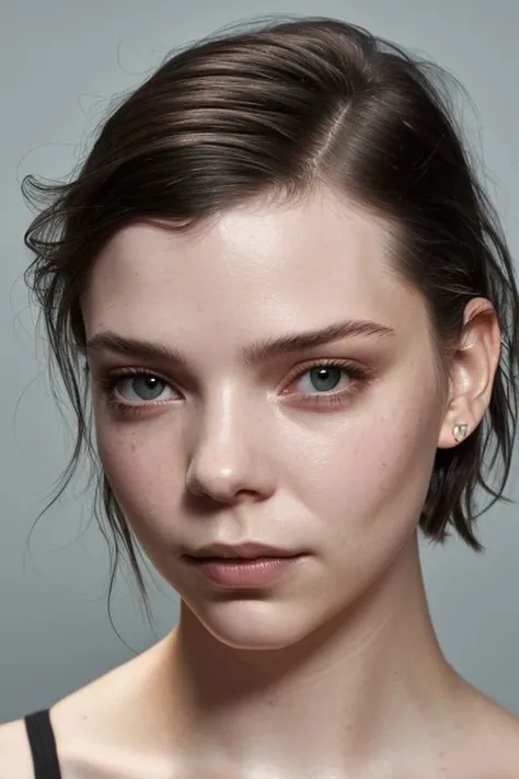 (CR-Any4TaylorJoy-jjonahjameson:0.9), photo of woman, grey background, (slick hair:1.1), (oiled shiny skin:1.0), face closeup, (tilted angle shot:1.1),