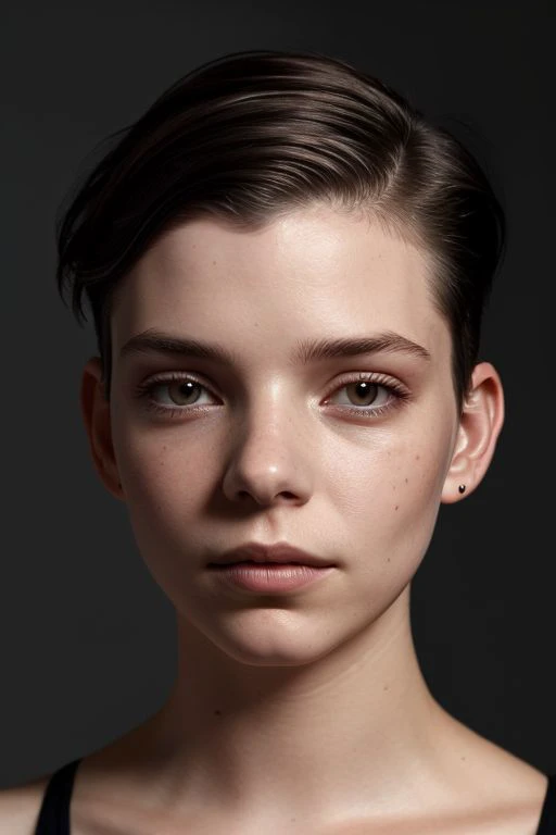 (CR-Any4TaylorJoy-jjonahjameson:0.9), photo of woman, grey background, (undercut hair:1.1), (oiled shiny skin:1.0), face closeup, (tilted angle shot:1.1),