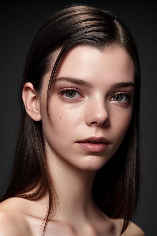 (CR-Any4TaylorJoy-jjonahjameson:0.9), full color photo of woman, grey background, (slick hair:1.1), (oiled shiny skin:1.0), face closeup,