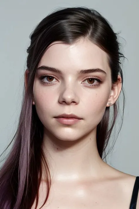 (CR-Any4TaylorJoy-jjonahjameson:0.9), full color photo of woman, grey background, (slick hair:1.1), (oiled shiny skin:1.0), face closeup, (tilted angle shot:1.1),