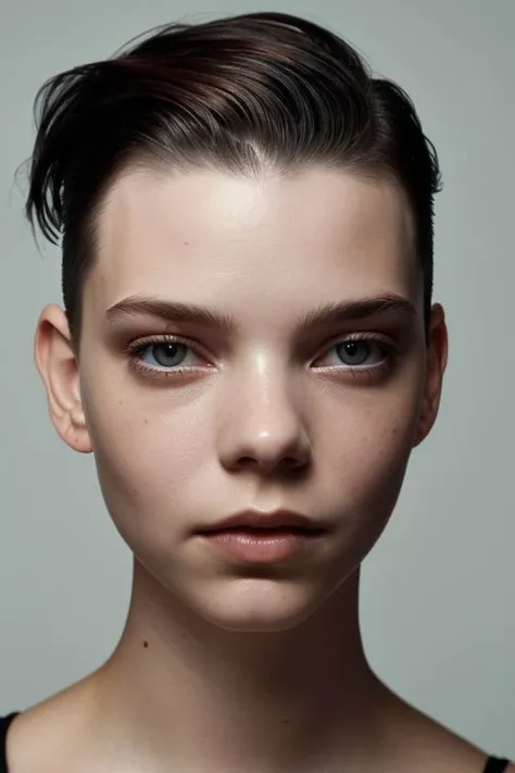 (CR-Any4TaylorJoy-jjonahjameson:0.9), full color photo of woman, grey background, (slick undercut hair:1.0), (oiled shiny skin:1.0), face closeup,
