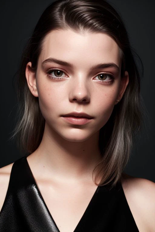 (CR-Any4TaylorJoy-jjonahjameson:0.9), full color photo of woman, grey background, (slick hair:1.1), (oiled shiny skin:1.0), face closeup,