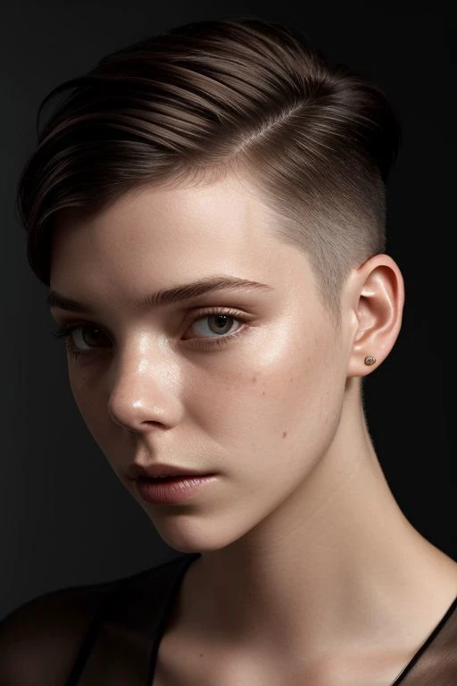 (CR-Any4TaylorJoy-jjonahjameson:0.9), photo of woman, grey background, (undercut hair:1.1), (oiled shiny skin:1.0), face closeup, (tilted angle shot:1.1),