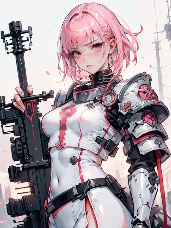 <lora:ArmorFusion:0.8>, pink armor girl, Sword, white skirt,
,(1girl:1.3, solo:1.3), focus girl, female focus, close-up, (((medium hair:1.3), short bang, pink red hair, floating hair novafrogstyle)), beautiful detailed girl, detailed fingers, extremely detailed eyes and face, beautiful detailed nose, beautiful detailed eyes,
mixes realistic and fantastical elements, vibrant manga, glassy translucence, vibrant illustrations, perfect(face ,eyes ,nose), huge breasts, thick thighs, wide hips, small waist, tall, glossy pink lips, light red black pony tail hairs, red eyes, sexy smile , blushing,
(RAW photo, best quality), (realistic, photo-realistic:1.5), extremely detailed, CG, unity , 8k wallpaper, Amazing, finely detail, (masterpiece:1.5, best quality), realistic, (real picture, intricate details, depth of field), dynamic posture,