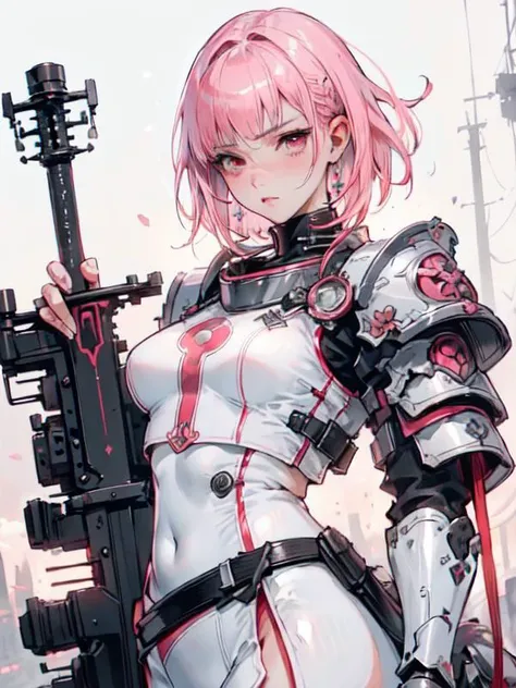 <lora:ArmorFusion:0.8>, pink armor girl, Sword, white skirt,
,(1girl:1.3, solo:1.3), focus girl, female focus, close-up, (((medium hair:1.3), short bang, pink red hair, floating hair novafrogstyle)), beautiful detailed girl, detailed fingers, extremely detailed eyes and face, beautiful detailed nose, beautiful detailed eyes,
mixes realistic and fantastical elements, vibrant manga, glassy translucence, vibrant illustrations, perfect(face ,eyes ,nose), huge breasts, thick thighs, wide hips, small waist, tall, glossy pink lips, light red black pony tail hairs, red eyes, sexy smile , blushing,
(RAW photo, best quality), (realistic, photo-realistic:1.5), extremely detailed, CG, unity , 8k wallpaper, Amazing, finely detail, (masterpiece:1.5, best quality), realistic, (real picture, intricate details, depth of field), dynamic posture,
