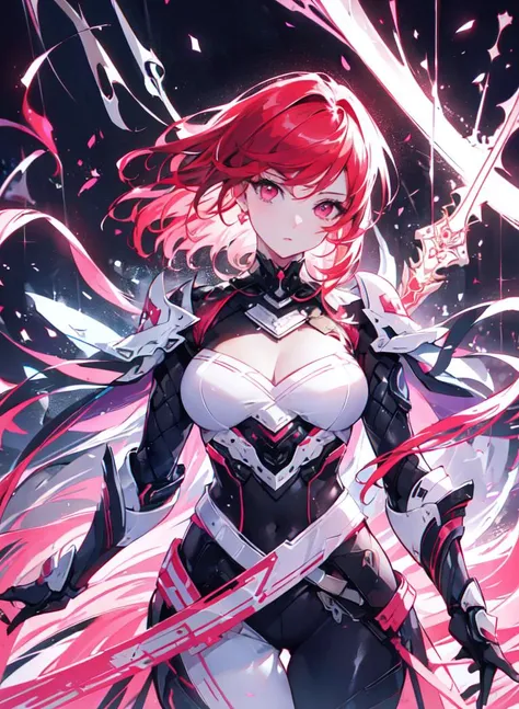 <lora:cybersamuraiV2E12:0.7>, cybersamurai , armor , holding weapon , glowing , cape , neon lights , gauntlets , glowing sword
,(1girl:1.3, solo:1.3), focus girl, female focus, brown hair, beautiful detailed girl, detailed fingers, extremely detailed eyes and face, beautiful detailed nose, beautiful detailed eyes,
mixes realistic and fantastical elements, vibrant manga, glassy translucence, vibrant illustrations, perfect(face ,eyes ,nose), huge , thick thighs, wide hips, small waist, tall, glossy pink lips, red eyes, sexy , shing, cleavage, m hair:1.3), short bang, pink red hair, floating hair novafrogstyle)),
(RAW photo, best quality), (realistic, photo-realistic:1.5), extremely detailed, CG, unity , 8k wallpaper, Amazing, finely detail, (masterpiece:1.5, best quality), realistic, (real picture, intricate details, depth of field), dynamic posture,