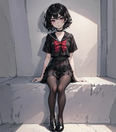 1 girl, ((masterpiece, sidelighting, beautiful eyes: 1.2), ultra-detailed, ultra high res, professional lighting, high quality makeup, beautiful detailed eyes), (best-quality:0.8), perfect anime illustration, beautiful, flat color background, full body ,<lora:Miyumi_v2:0.5>, Miyumrkw, miyumrkw face, black eyebrows, thic eyebrows, dark red eyes, (small breasts:1.2), <lora:kim_possible_offset:0.2>, <lora:hair_length_slider_v1:-8>, black_choker, black_footwear, choker, collarbone, short_hair, <lora:perfectpantyhose:0.7>, black pantyhose, looking_at_viewer, black hair, shoes, solo, sitting,black sailor collar, black shirt, black skirt, choker, pleated skirt, sailor collar, skirt, bow, red bow,