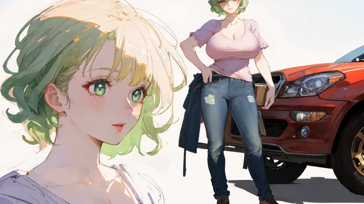 (Masterpiece, best quality, ultra-detailed), (landscape, wide aspect ratio, 16x9 aspect ratio:1.4),
illumination, finely detail, (NSFW),
full body shot of a High-Quality Victorian Era cute girl,
((Francois Boucher, (Alphonse mucha:0.8), Claude Monet, (Franz Xaver Winterhalter:0.8), (NORMAN ROCKWELL:0.8), (artgerm:0.8))),
BREAK,
(casual t-shirt and jeans:1.35). ((standing next to a car. cityscape. windy day. airport in the distance)), (cleavage), ((full body shot, good anatomy:1.47)),
([white:light green:0.5] hair. beautiful green eyes. short hair. A-Line haircut. (medium breasts. wide hips. busty:1.23). ([big smile | surprised]), intricate iris, long eyelashes:1.3),
(Detailed face, (realistic face, realistic shading and lighting:1.4), detailed eyes, DETAILED PUPILS, HIGH DETAIL, very detailed body, SHARP, intricate details, high-resolution, finely detailed, absurd resolution, soft lighting, beautiful, detailed glow, detailed reflections and lighting, deep shadows, natural light:1.15)