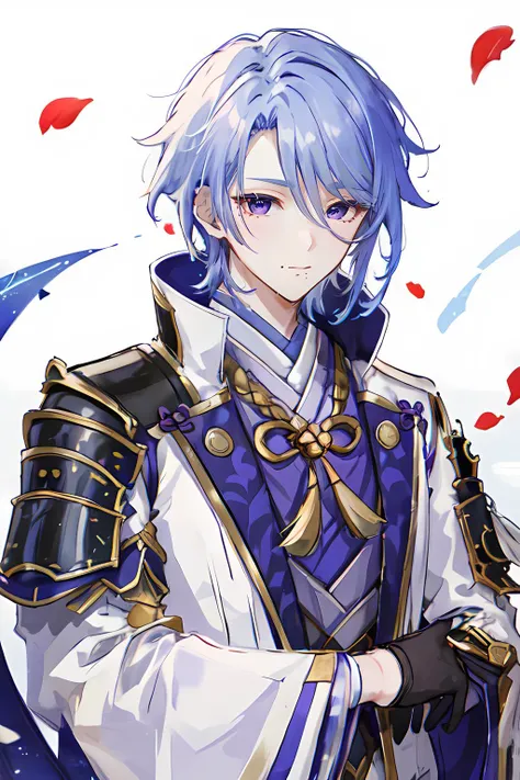 <lora:ayato:1>, kamisato ayato, 1boy, japanese armor, male focus, armor, gloves, black gloves, shoulder armor, tassel, solo, mole, purple eyes, bangs, japanese clothes, blue hair, mole under mouth, sode, rain, closed mouth, gold trim, petals, upper body