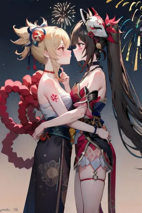 kiss,from side,facing another,standing,hug,
blush,full-face blush,
2girls,yuri,masterpiece,best quality,absurdres,outdoors,fireworks,firework background,
ADDCOMM,
<lora:char-åç¥genshinfullåç¥1-000006:1>,yoimiyadef,bare legs,small ball on head,
ADDCOL,
<lora:char-æç©¹ééhsr_fem_v11:1>,SPARKLEHSR,MASK ON HEAD,CHOKER,SINGLE GLOVE,BRACELET,THIGH STRAP,