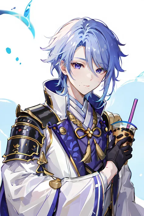 <lora:ayato:1>, kamisato ayato, 1boy, japanese armor, male focus, armor, gloves, black gloves, shoulder armor, tassel, solo, mole, purple eyes, bangs, japanese clothes, blue hair, sode, rain, closed mouth, gold trim, upper body, cup, bubble tea, drinking,