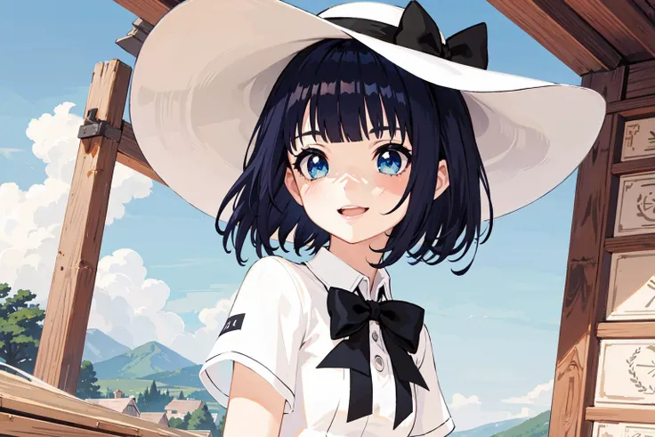 1girl, short hair, bangs, blue eyes (gorgeous face), perfect body (dynamic angle)), masterpiece (best quality), highest quality (highly detailed), hair ribbon, ribbon, beautiful (intricate details), absurdres (1girl), dress, sun hat, cabins, ((underneath)), landscape, black hair, blue bow, blunt bangs, smile, happy, small breasts, <lora:MiouBlancaV2-10:0.4>