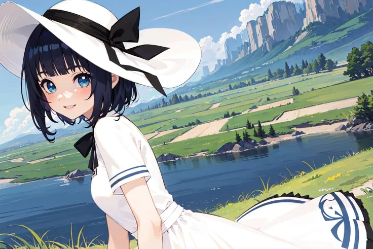 1girl, short hair, bangs, blue eyes (gorgeous face), perfect body (dynamic angle)), masterpiece (best quality), highest quality (highly detailed), hair ribbon, ribbon, beautiful (intricate details), absurdres (1girl), white dress, sun hat, valley, ((underneath)), landscape, black hair, blue bow, blunt bangs, smile, happy, small breasts, <lora:MiouBlancaV2-10:0.4>