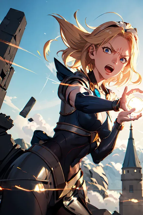 <lora:lux_leagueoflegends-v1:.75>, <lora:Kamehameha_V1-10:.75> lux101, floating, open arms, looking down on viewer, charging, kamehameha, angry, teeth, from below, upper body, (silhouette:1.2), against sun, (bloom, backlighting:1.2), tribal stone building background,
