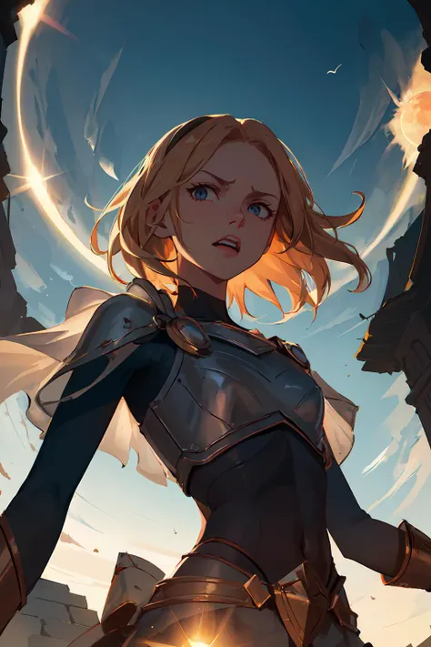 <lora:lux_leagueoflegends-v1:.75>, lux101, floating, open arms, looking down on viewer, disdain, angry, teeth, from below, upper body, (silhouette:1.2), against sun, (bloom, backlighting:1.2), tribal stone building background