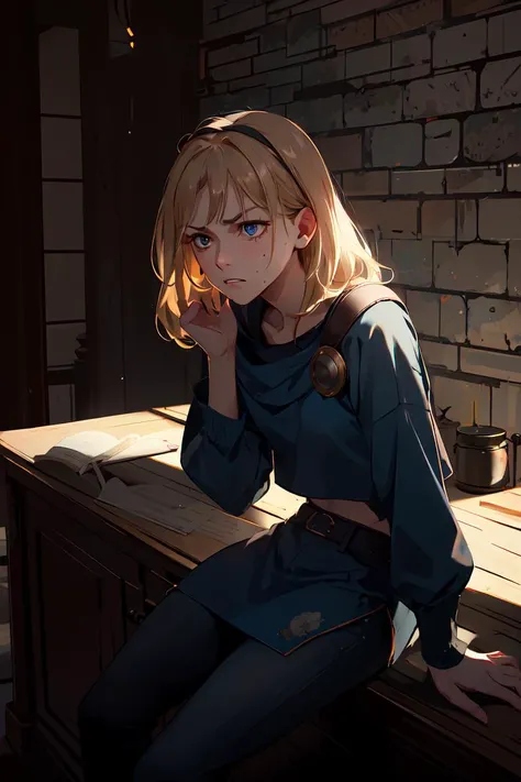 <lora:lux_leagueoflegends-v1:.8>, lux101, leaning on wall, serious, hand on own shoulder, teeth, frown, bruises, side lighting, dramatic lighting, hard light, projected shadows, dark, indoors, stone walls,