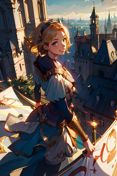 <lora:lux_leagueoflegends-v1:1>, lux101, from behind, from above, looking over shoulder, looking at viewer, confident smile, grin, castle, banners, blue and gold, outdoors, daylight, crowd background, crowd
