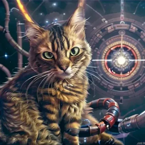 a high quality close up portrait of a <lora:Maverick:1> cat starring in the movie: "(Guardians of the Galaxy:1.16)" (2014), (movie poster:1.35), (background is cybernetic aliens:1.4), (ring of fire:1.4), (sci-fi:1.5), 25mm, Canon 5D Mark IV, UHD 4 k, award winning photography, soft bokeh, sharp focus, vibrant colors, ultrarealistic, masterpiece, trending on Artstation, featured on pixiv, cinematic lighting, moody lighting, hyper detailed, 8 k, unreal engine 5, intricate details, Alex Grey, Wayne Barlowe, Larry Elmore, Tim Hildebrandt, Donato Giancola, Andreas Rocha, Bruce Pennington, Boogie Chillen