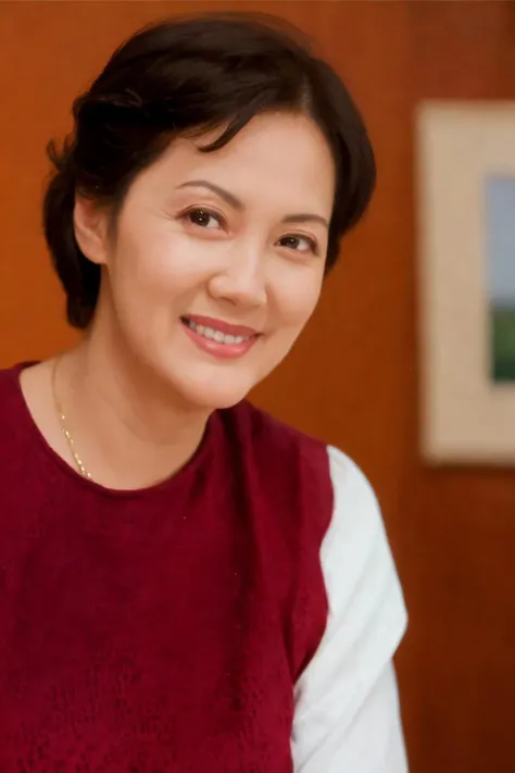 8k wallpaper, masterpiece, Highest quality, Very detailed, One Mature Woman, 50 years old, Become very clear, Wearing a short-sleeved knit, Skin dents, Captivating smile, Looking at the audience, No lapel microphone, Plump, Curvaceous, Attractive face, Smiling with teeth showing, I was happy, sitting in a cafe, Background Blur