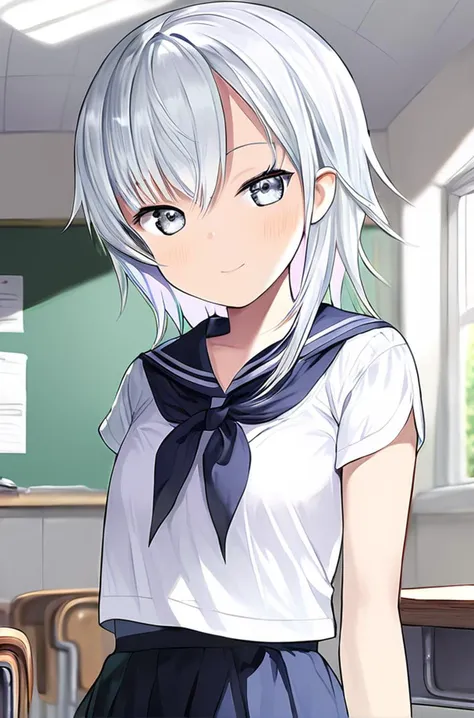 capriccio_style, Solo, 1girl, female, grey eyes, white hair, flat chest, cute face, detailed skin, detailed eyes, perfect eyes, perfect hands, perfect face, BREAK serafuku, shirt, skirt, BREAK classroom, indoors, colorful, looking at viewer, portrait, BREAK ((ultra-detailed)), ((best quality)), ((best quality)), ((beautiful eyes)), ((extremely detailed)), 4K, (8K), best quality, (beautiful), Master piece, highres, score_9, score_8_up, score_7_up, score_6_up, score_5_up, score_4_up, colorful, best quality, official art, highres, masterpiece, nai3, god light, detailed background, high quality background, <lora:add_details_xl:1> <lora:light_sharp_style_magin3.1-000040:1>  <lora:Capriccio_StylePony:1>