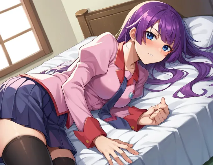 score_9, score_8_up, score_7_up, source_anime,
hitagisenjougahara, <lora:hitagi-senjougahara-ponyxl-lora-nochekaiser:1>,
senjougahara hitagi, bangs, long hair, blue eyes, purple hair,
skirt, thighhighs, school uniform, necktie, black thighhighs, zettai ryouiki, naoetsu high school uniform,
indoors, bed, bed room, on side, blush, drunk,
looking at viewer, cowboy shot, dutch angle,