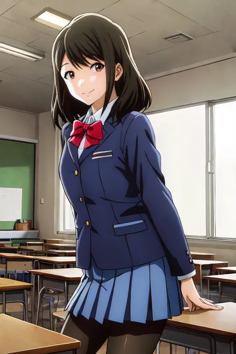 (masterpiece, best quality:1.2), highres, anime screencap, anime coloring, 1girl, solo, smile,
Akane_Mizuno_V1, black hair, brown hair, medium hair, bangs, brown eyes,
school uniform, blue jacket, long sleeves, white shirt, collared shirt, red bow, blue skirt, pleated skirt, black legwear, pantyhose, sneakers,
indoors, school, classroom, looking at viewer, facing viewer,
<lora:add_detail_CyberAlchemist:0.4>, <lora:GoodHands-beta2:0.8>, <lora:AkaneMizunoV1-000010:0.9>
