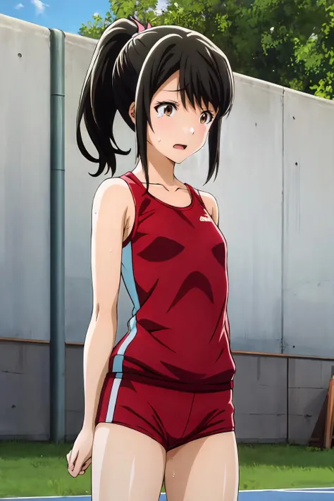(masterpiece, best quality:1.2), highres, anime screencap, anime coloring, 1girl, solo, tears, sweat,
Akane_Mizuno_V1, black hair, brown hair, short hair, ponytail, swept bangs, brown eyes,
track uniform, red shirt, tank top, collarbone, bare shoulders, red shorts, gym shots, sneakers,
outdoors,
<lora:add_detail_CyberAlchemist:0.4>, <lora:GoodHands-beta2:0.8>, <lora:AkaneMizunoV1-000010:0.9>