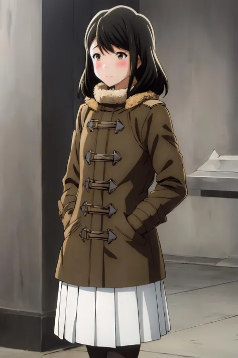 (masterpiece, best quality:1.2), highres, anime screencap, anime coloring, 1girl, solo, blush,
Akane_Mizuno_V1, black hair, brown hair, medium hair, bangs, brown eyes,
winter clothes, winter coat, fur trim, long sleeves, white skirt, pleated skirt, black legwear, pantyhose, boots, pink gloves,
outdoors,
<lora:add_detail_CyberAlchemist:0.4>, <lora:GoodHands-beta2:0.8>, <lora:AkaneMizunoV1-000010:0.9>