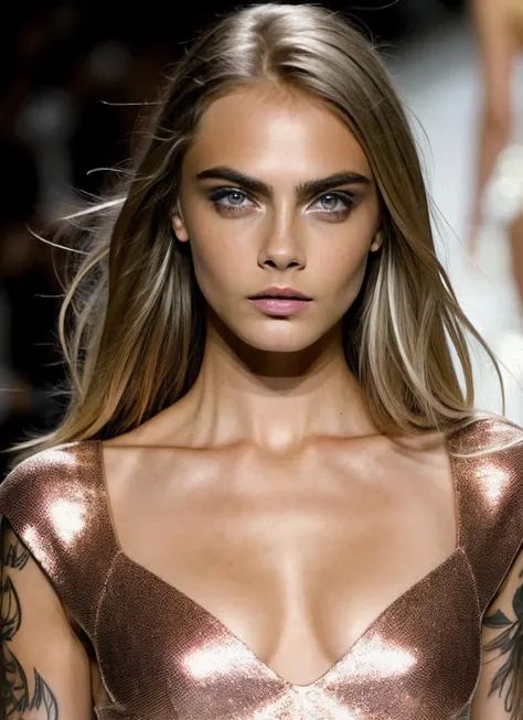 modelshoot style, raw photo of a supermodel sks woman wearing shimmering clothes walking on the ramp at milan fashion show, tattoos, 8k, intricate details, detailed face and eyes,(rendered eyes) <lora:epiNoiseoffset_v2:1>, <lora:locon_caradelevigne_v1_from_v1_64_32:1.3>