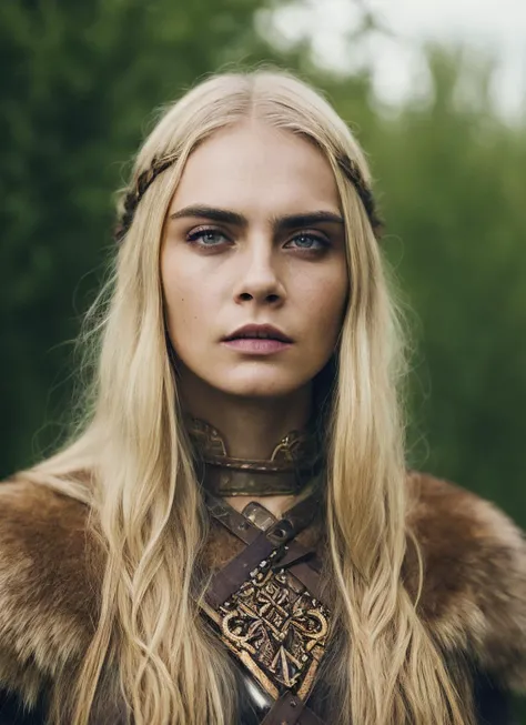 A stunning intricate full color portrait of (35 years old sks woman:1) as (viking warrior), (barbarian),  epic character composition, by ilya kuvshinov, alessio albi, nina masic, sharp focus, natural lighting, subsurface scattering, f2, 35mm, film grain, <lora:locon_caradelevigne_v1_from_v1_64_32:1.3>