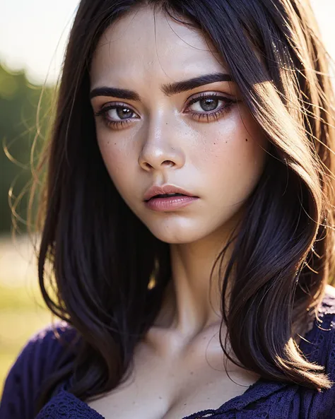 sks woman, close up shot, one (20 years old beautiful girl),look at viewer,  cantaloupe __hair_style__, cleavage, big breast,  purple_monster clothes, __skin2__, cliff, face accessories, intricate, delicate, cinematic light, realistic details, sharp focus, detailed skin,clear image, <lyco:caraDelevingne_v10:1.3>